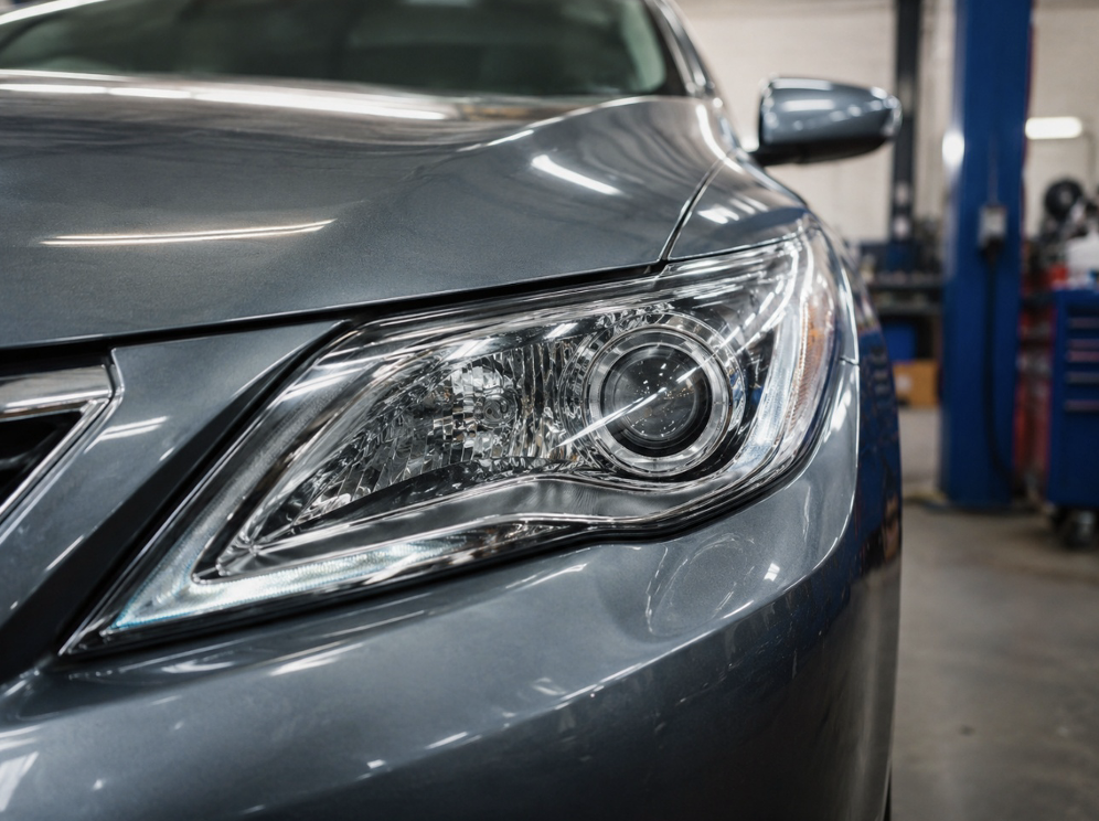 Faro de coche restaurado mediante pulido profesional para mejorar la visibilidad y la seguridad.