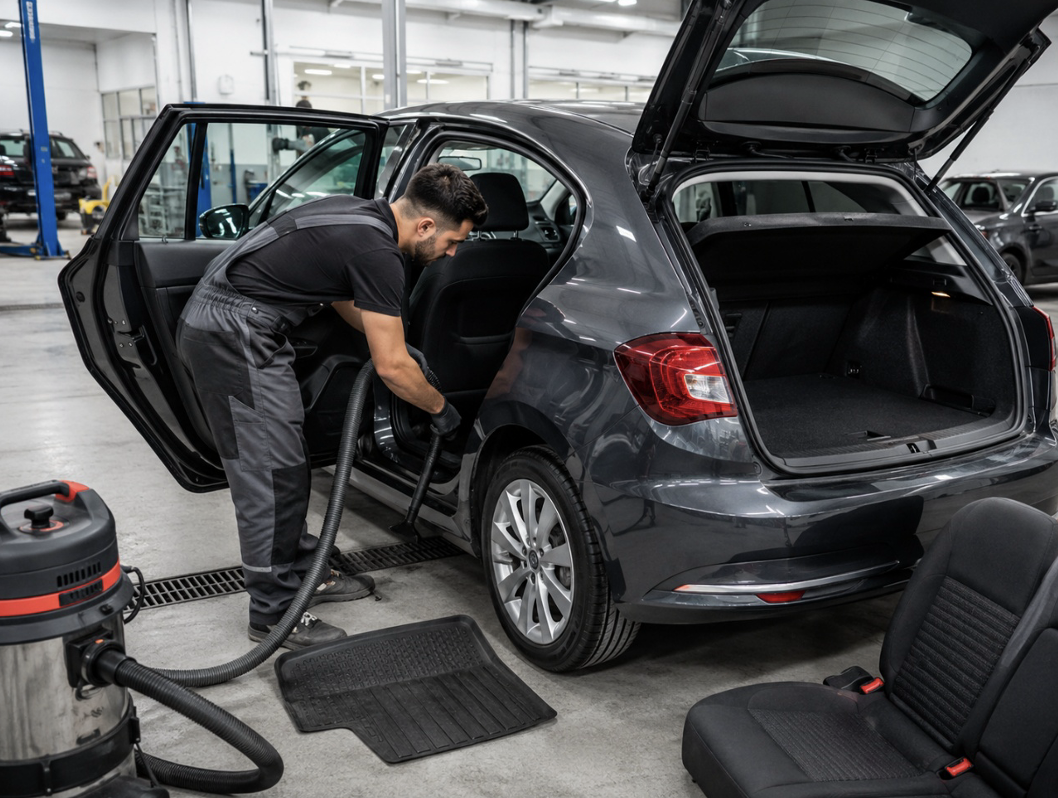 Aspirado interior de coche en Zaragoza con limpieza de alfombrillas, asientos y maletero tras una reparación profesional.