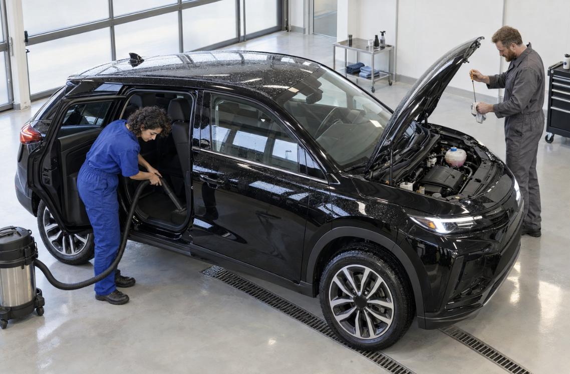 Coche reparado en taller profesional con lavado exterior, aspirado interior y chequeo básico como servicios adicionales sin coste tras la reparación.