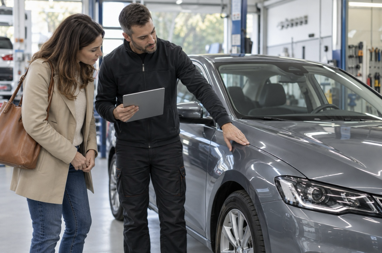 Cliente revisando con un asesor de taller la reparación de su coche tras un siniestro cubierto por el seguro