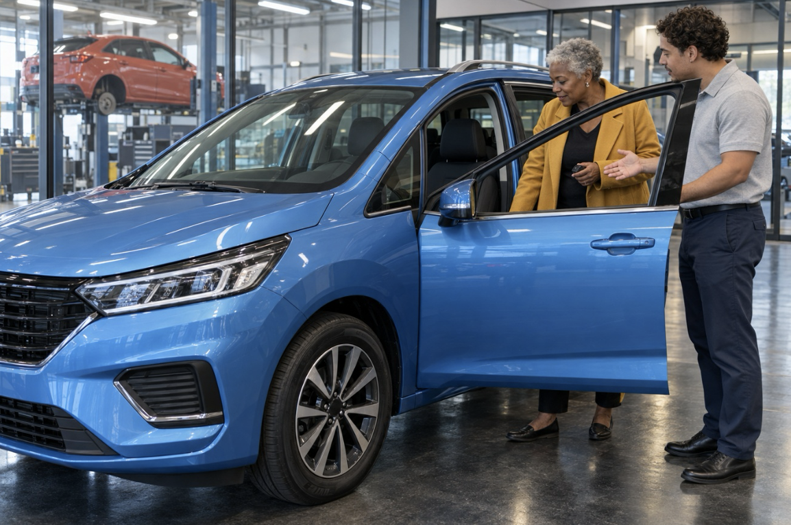 Cliente recibiendo un vehículo de sustitución en un taller de coches mientras su automóvil permanece en reparación.