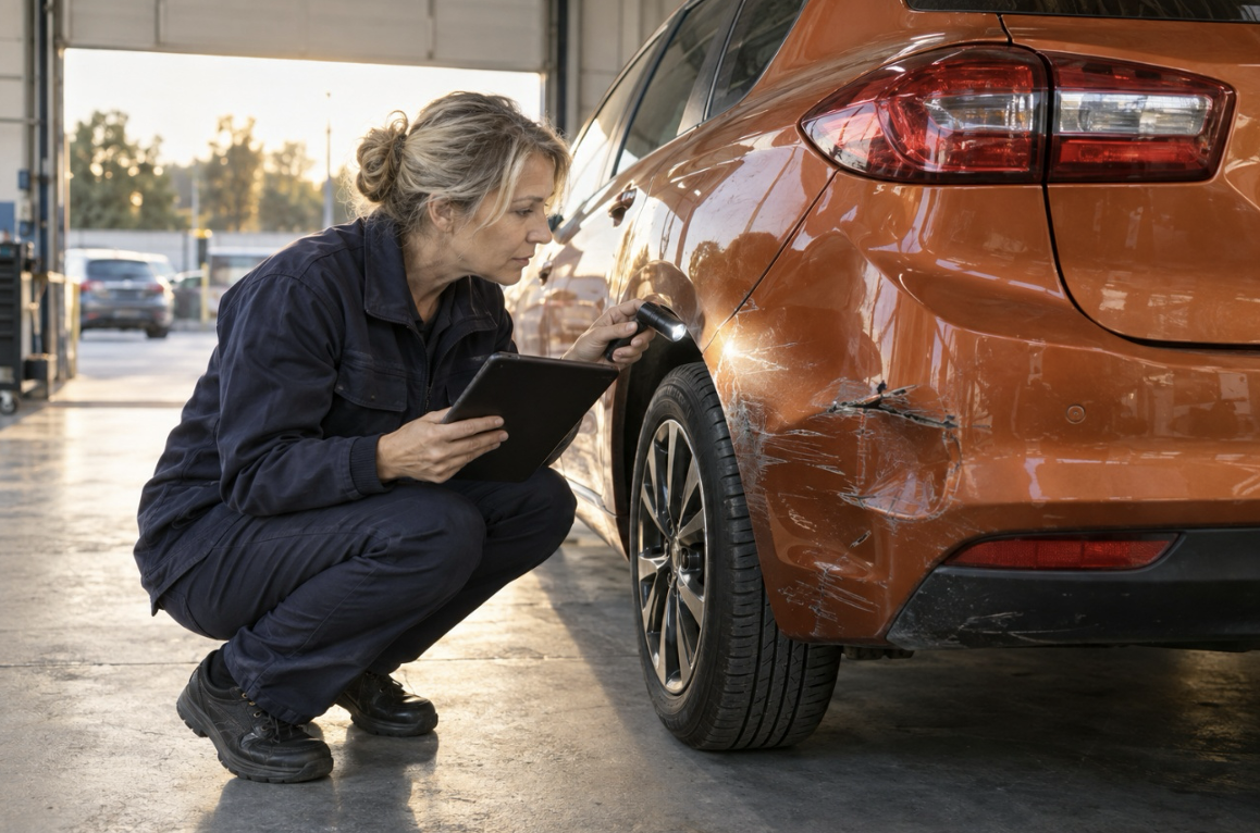 Perito revisando los daños de un coche tras un golpe antes de autorizar la reparación en taller.