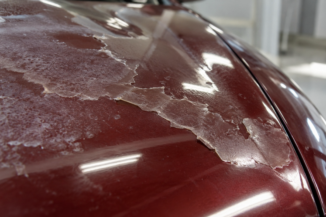 Primer plano de barniz del coche levantado en el capó antes de ser reparado en un taller de pintura.