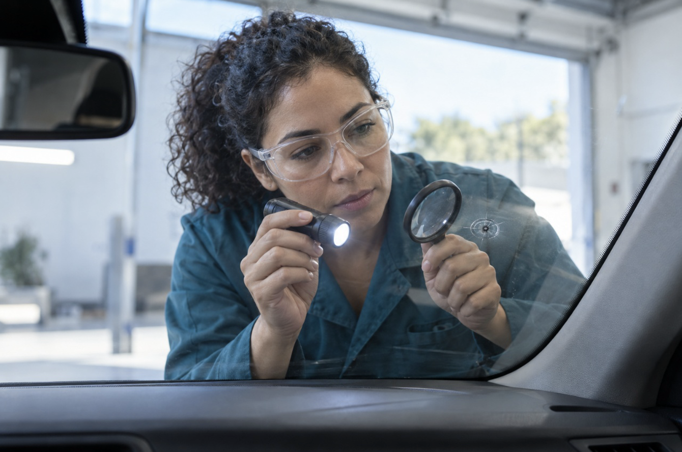 Técnico revisando un ojo de buey en el parabrisas para decidir si conviene reparar o cambiar la luna del coche.