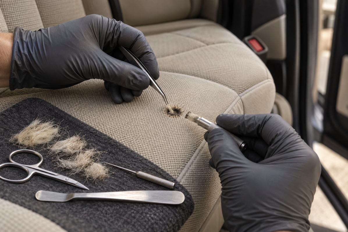 Reparación de una quemadura en el asiento del coche con herramientas específicas para tapicería interior.